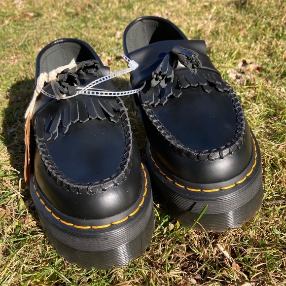 Dr. Martens Adrian Quad Bex Smooth Black Leather Tassel Fringe Platform Loafers - Picture 10 of 17